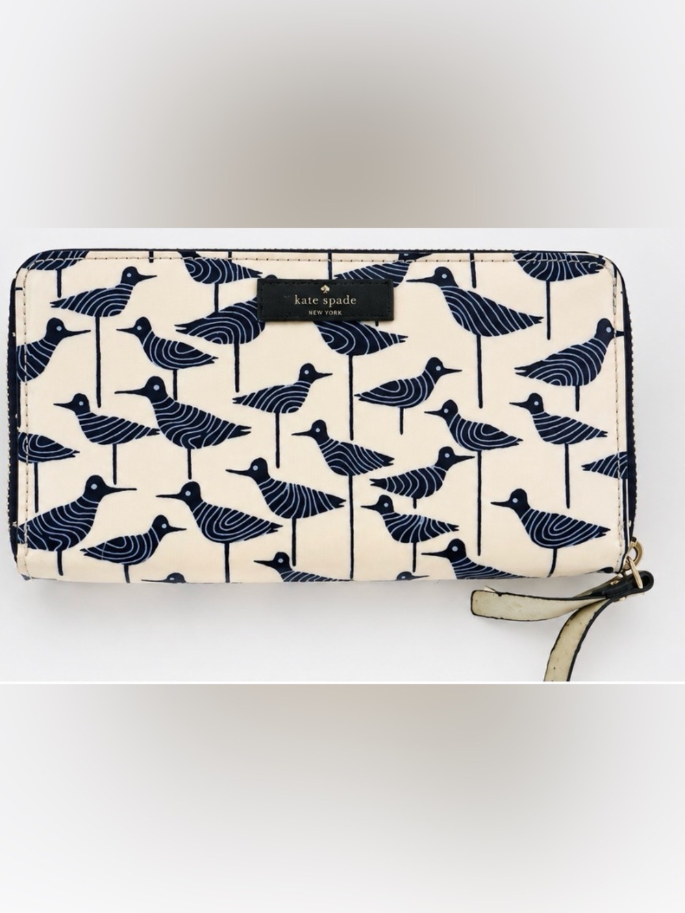 kate spade navy and cream bird print pouch